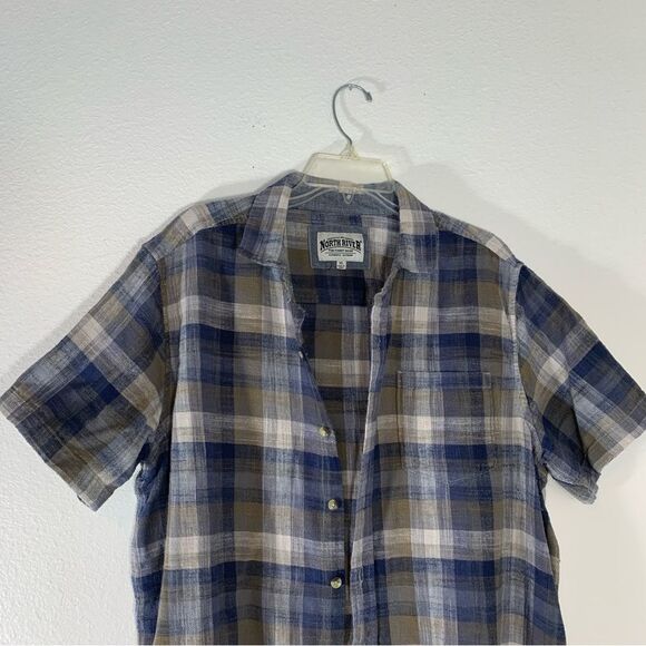 North River Men’s Blue Brown Lumberjack Short Sleeve Plaid Button Down Shirt XL - Picture 2 of 9